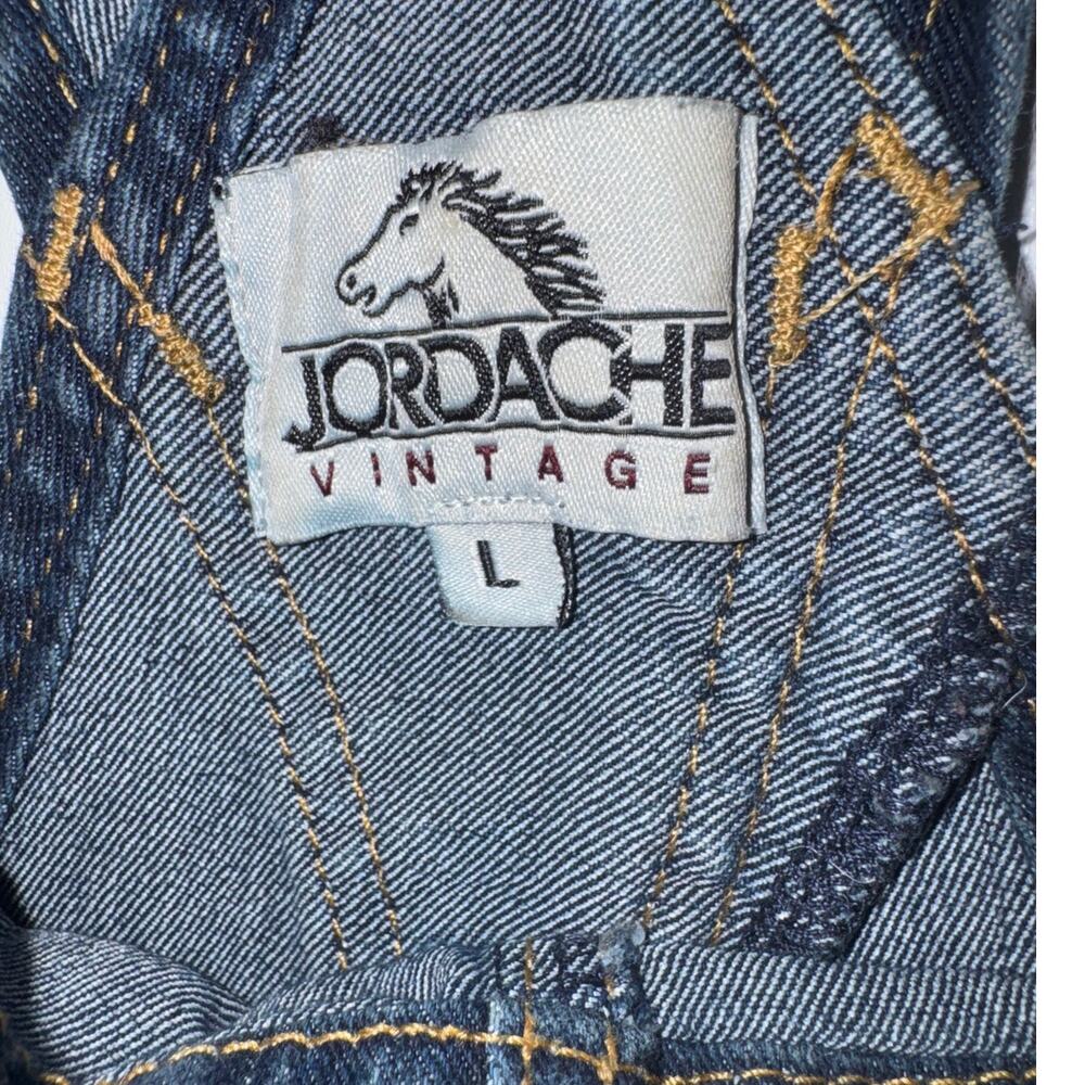 Jordache Vintage L Denim Short Bib Overalls Y2K Retro 90s Dark Wash Distressed - Picture 2 of 6